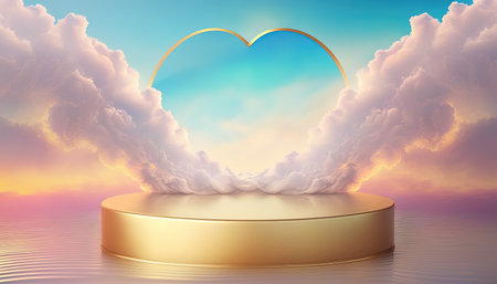 gold podium product showcase stage background platform or pedestal surrounded by clouds and love heartの素材