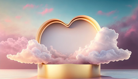 golden podium product display stage background platform or pedestal with clouds around it and love heartの素材