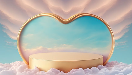 gold podium product advertising stage or stand background platform with clouds around it and love heartの素材