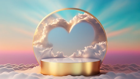 golden podium product advertising stage background platform or pedestal with clouds around it and love heartの素材