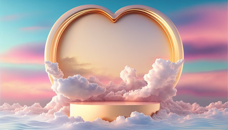 gold podium product advertising stage background platform or pedestal above sky with clouds around and love heartの素材