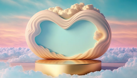 gold podium product showcase stage or stand background platform surrounded by clouds and love heartの素材