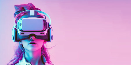 woman using digital device technology googles headset looking into the world of metaverse virtual realityの素材