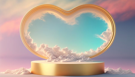 gold podium product display stage background platform or pedestal above sky with clouds around and love heartの素材