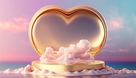 gold podium product advertising stage or stand background platform above sky with clouds around and love heartの素材