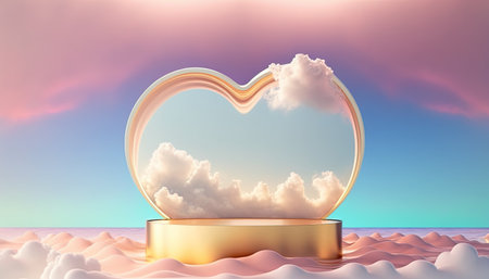 golden podium product advertising stage background platform above sky with clouds around and love heartの素材