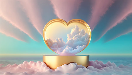 golden podium product showcase stage background platform or pedestal surrounded by clouds and love heartの素材