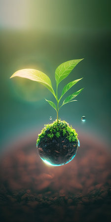 green nature social media background concept for earth day with plant seed in the forest growing on the planet and water around itの素材