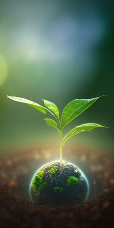 green nature social media background concept for earth day with plant seed in the forest growing on the planet and water around itの素材