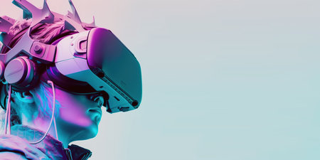 woman using digital game device technology googles headset looking into the world of metaverse virtual reality with copy spaceの素材