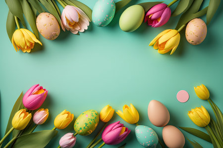 colorful tulips and eggs lying on teal green background with copy space for easter greeting cardの素材