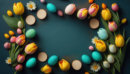 colorful tulips and eggs lying on teal green background with copy space for easter greeting cardの素材