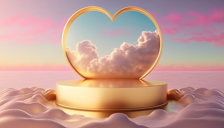 gold podium product showcase stage background platform or pedestal above sky with clouds around and love heartの素材