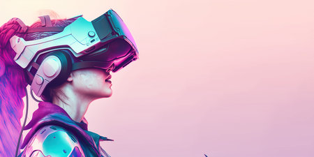woman using digital device technology googles headset looking into the world of metaverse virtual reality with empty spaceの素材