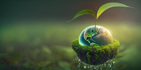 green natural conversation background concept for earth day with plant seed in the forest growing on the planet and water around itの素材
