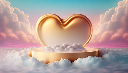 gold podium product showcase stage background platform or pedestal with clouds around it and love heartの素材
