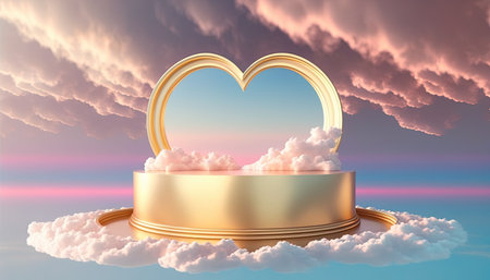 golden podium product display stage background platform or pedestal surrounded by clouds and love heartの素材
