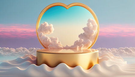 gold podium product display stage background platform or pedestal with clouds around it and love heartの素材