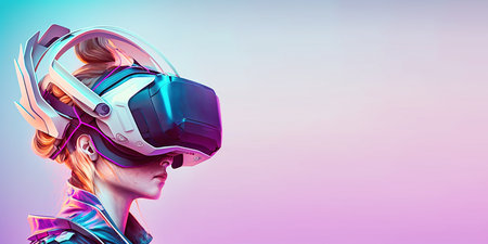 woman using digital future device technology googles headset looking into the world of metaverse virtual realityの素材
