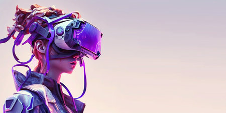 woman using digital smart device technology googles headset looking into the world of metaverse augmented reality with copy spaceの素材