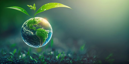 green natural environment background for earth day concept with plant seed in the forest growing on the planet and water around itの素材