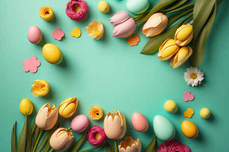 colorful tulips and eggs lying on teal green background with copy space for easter cardの素材
