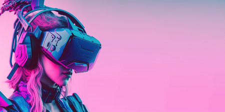 woman using digital future device technology googles headset looking into the world of metaverse augmented reality with empty spaceの素材