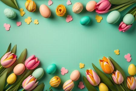 colorful tulips and eggs lying on teal green background with copy space for easter cardの素材