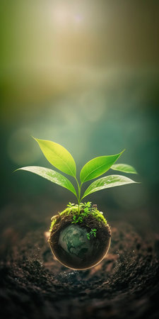 green nature social media background concept for earth day with plant seed in the forest growing on the planet and water around itの素材