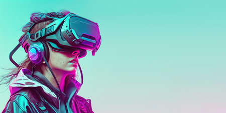 woman using digital simulation device technology googles headset looking into the world of metaverse augmented realityの素材