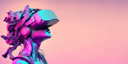 woman using digital device technology googles headset looking into the world of metaverse augmented reality with copy spaceの素材