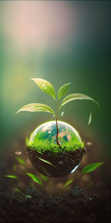 green nature social media background concept for earth day with plant seed in the forest growing on the planet and water around itの素材