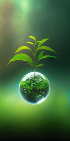 green nature social media background concept for earth day with plant seed in the forest growing on the planet and water around itの素材