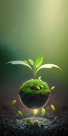 green nature social media background concept for earth day with plant seed in the forest growing on the planet and water around itの素材