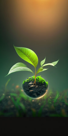 green nature social media background concept for earth day with plant seed in the forest growing on the planet and water around itの素材