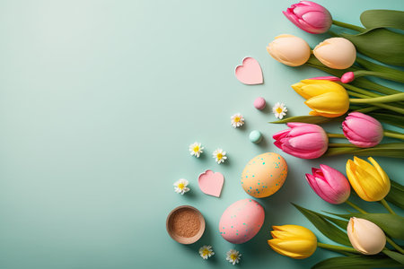 colorful tulips and eggs lying on teal green background with copy space for easter cardの素材