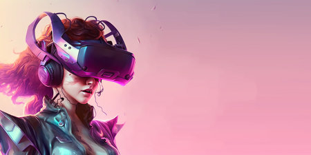 woman using digital game device technology googles headset looking into the world of metaverse augmented realityの素材