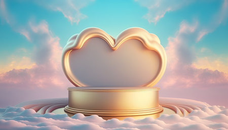 gold podium product advertising stage or stand background platform surrounded by clouds and love heartの素材