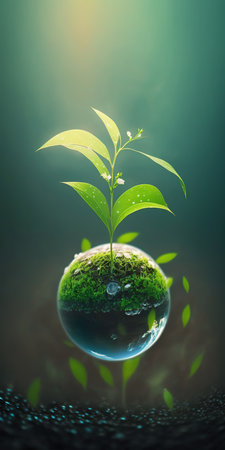 green nature social media background concept for earth day with plant seed in the forest growing on the planet and water around itの素材