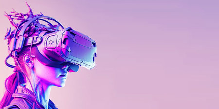 woman using digital simulation device technology googles headset looking into the world of metaverse augmented reality with empty spaceの素材