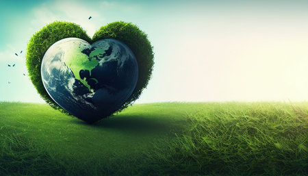 heart shaped planet on green meadow for earth dayの素材