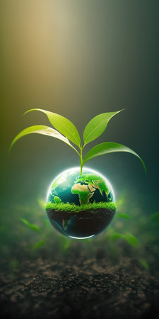 green nature social media background concept for earth day with plant seed in the forest growing on the planet and water around itの素材