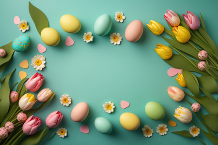 colorful tulips and eggs lying on teal green background with copy space for easter greeting cardの素材