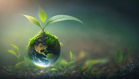 green nature background for earth day with plant seed in the forest growing on the planet and water around itの素材