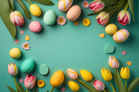 colorful tulips and eggs lying on teal green background with copy space for easter celebrationの素材