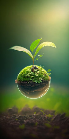 green nature social media background concept for earth day with plant seed in the forest growing on the planet and water around itの素材