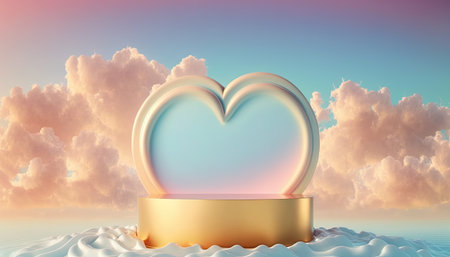 golden podium product display stage background platform above sky with clouds around and love heartの素材