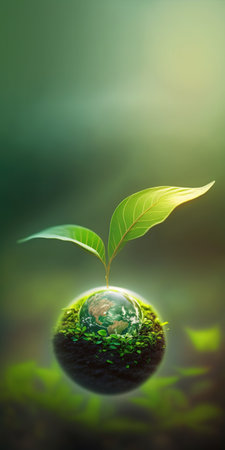 green nature social media background concept for earth day with plant seed in the forest growing on the planet and water around itの素材