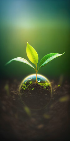 green nature social media background concept for earth day with plant seed in the forest growing on the planet and water around itの素材