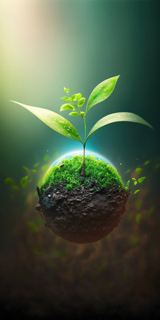 green nature social media background concept for earth day with plant seed in the forest growing on the planet and water around itの素材
